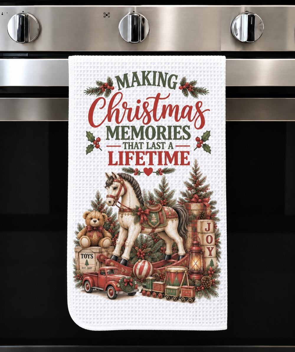 Making Christmas Memories Vintage Rocking Horse Kitchen Towel